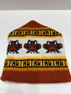 Vintage Aris Ski Hat Rust Red, Cream & Yellow Knit Beanie with Crab Motif